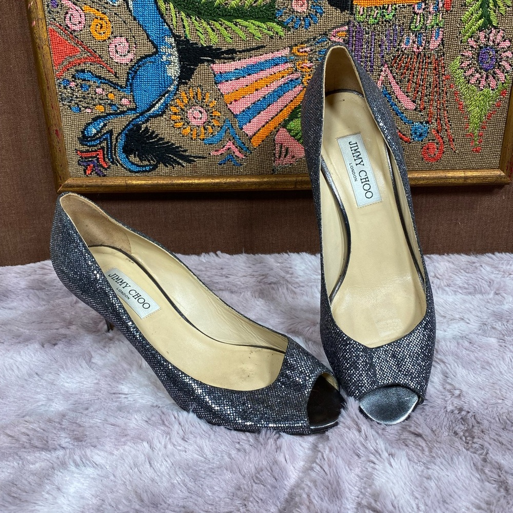 Jimmy Choo Isabel Anthracite grey metallic glitter peep toe pumps heels sz 39